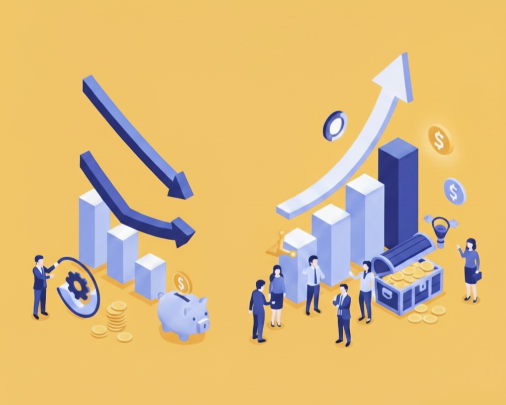 投資が利益（右肩上がりのグラフ）に繋がる様子を表す、費用対効果（ROI）の概念図